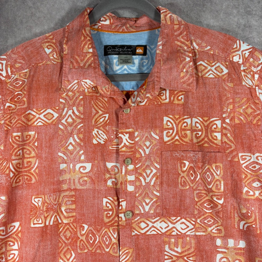 Quiksilver Shirt Mens Large Orange Waterman Collection Aloha Tribal Beach Summer - Picture 2 of 10